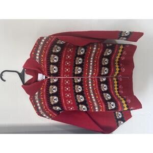 Vintage In Design Teddy Bear Sweater Zip Cardigan Red Knit USA Small